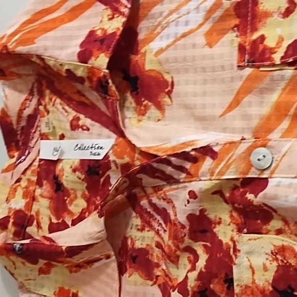 Pink Coral Burgundy Orange Abstract Floral & Check Shirt Roll Tab Sleeve - Picture 5 of 14